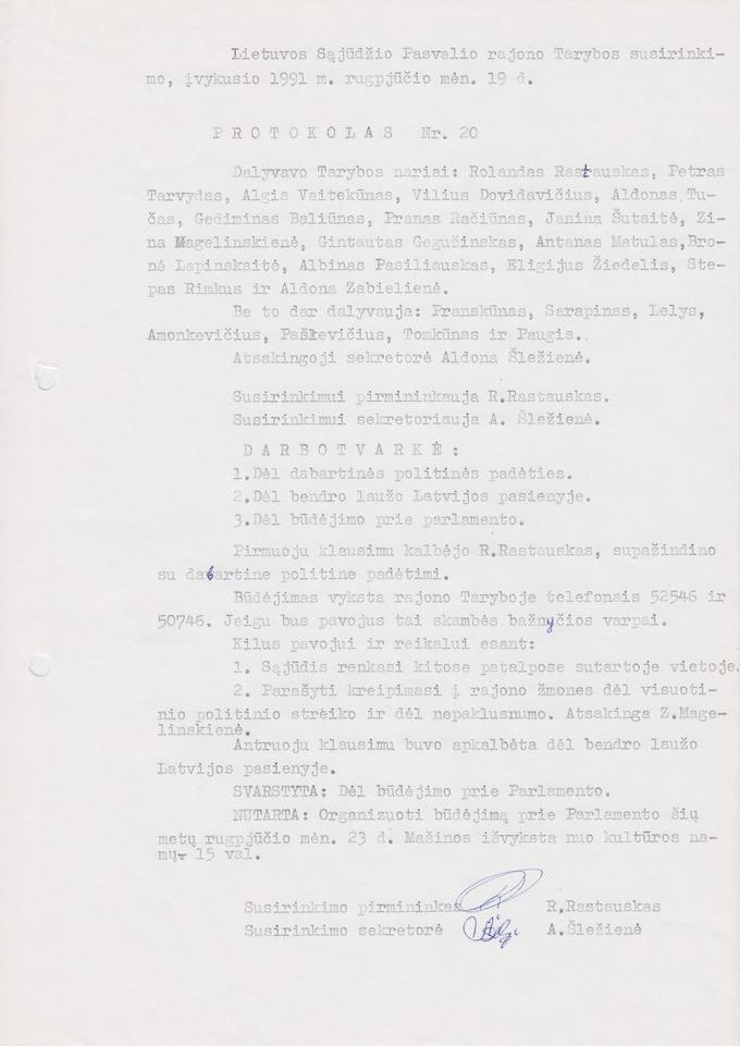 Lietuvos Sajūdžio Pasvalio rajono Tarybos susirinkimo, įvykusio 1991 m. rugpjūčio 19 d., PROTOKOLAS Nr. 20